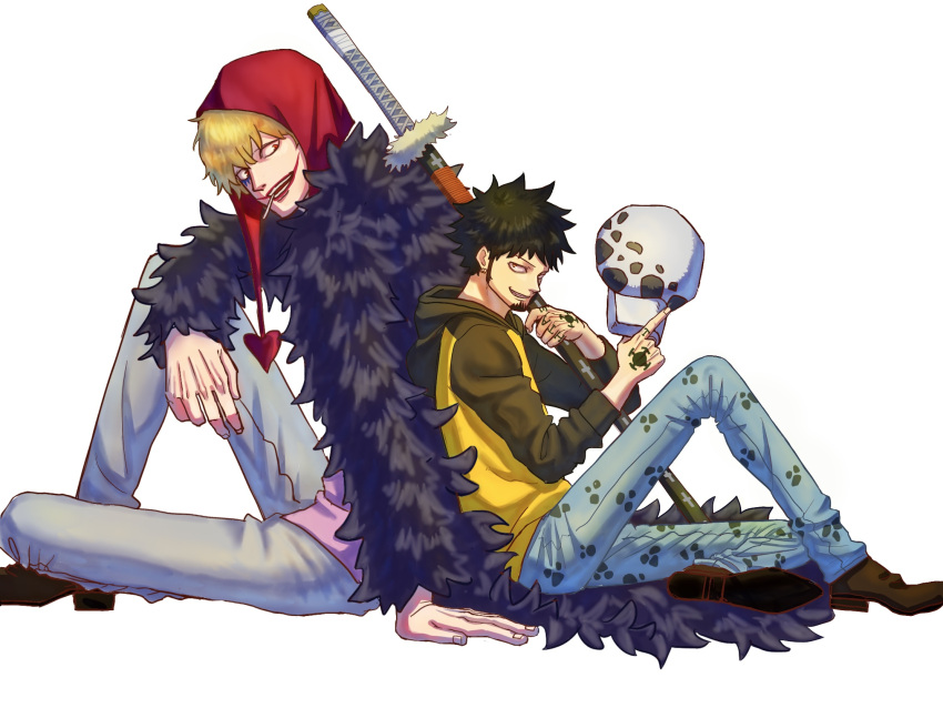 2boys back-to-back black_hair blonde_hair commentary_request denim donquixote_rocinante facial_hair from_side full_body goatee highres hood hood_down jaguar_print jeans knee_up long_sideburns makeup male_focus multiple_boys one_piece over_shoulder pants pink_shirt shirt short_hair sideburns sword sword_over_shoulder toyoura_(23066494) trafalgar_law weapon weapon_over_shoulder