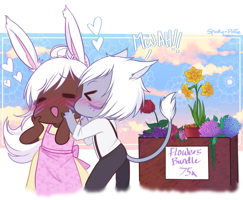 2girls animal_ears apron blush cat_ears chibi dark-skinned_female dark_skin final_fantasy final_fantasy_xiv flower highres kiss kissing_cheek long_hair multiple_girls ponytail rabbit_ears smile spooky-dollie suspenders white_hair