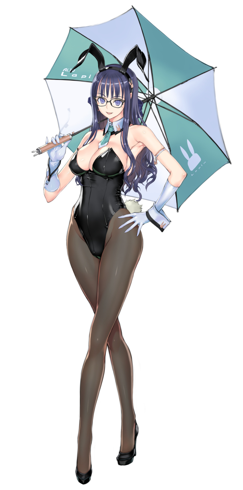 1girl :d absurdres animal_ears animal_print armlet black_leotard blue_eyes blue_hair bow breasts bunny_print commentary_request crossed_legs detached_collar fake_animal_ears full_body glasses gloves hair_bow hand_on_hip high_heels highres holding holding_umbrella leotard lh_2c0 long_hair looking_at_viewer medium_breasts mole mole_under_eye necktie original pantyhose playboy_bunny rabbit_ears rabbit_tail skindentation smile solo standing strapless strapless_leotard tail umbrella watson_cross white_gloves wrist_cuffs