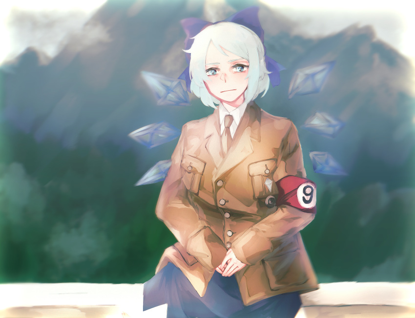 (9) 1girl adolf_hitler adolf_hitler_(cosplay) armband beige_jacket beige_neckwear blue_bow blue_eyes blue_hair blue_skirt bow cirno collared_shirt commentary cosplay hair_bow highres ice ice_wings long_sleeves mountainous_horizon necktie outdoors parody photo-referenced shirt short_hair sinonon218 skirt solo suit_jacket touhou white_shirt wings