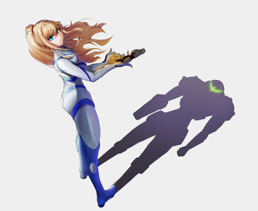1girl absurdres ass bangs blonde_hair blue_eyes bodysuit breasts full_body highres long_hair looking_at_viewer luxpineapple metroid metroid_dread mole mole_under_mouth ponytail power_suit samus_aran shadow simple_background skin_tight solo zero_suit