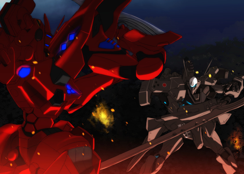 fighting fire forest from_behind glowing holding holding_sword holding_weapon mecha muvluv muvluv_alternative nature no_humans science_fiction sidehiwinder sword tactical_surface_fighter takemikazuchi_(muvluv) type_94_shiranui visor weapon