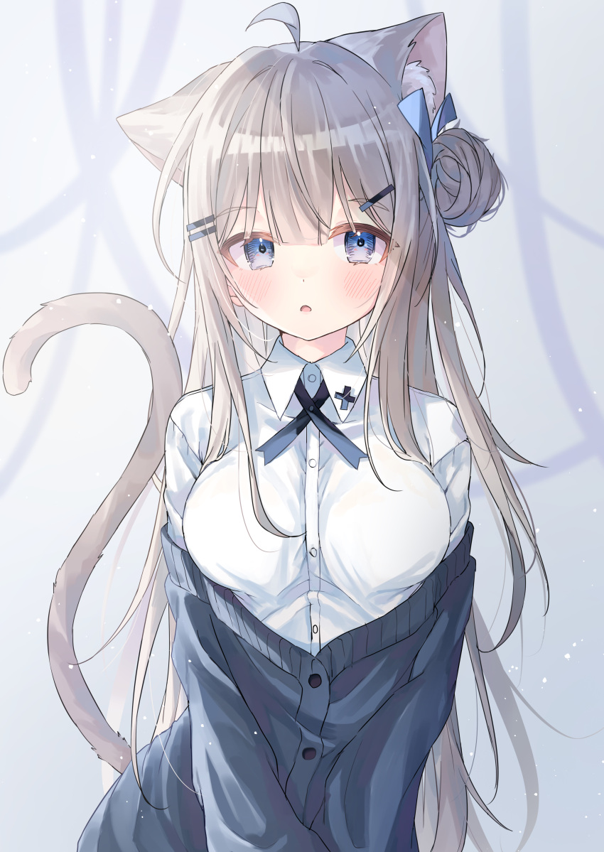 1girl :o absurdres ahoge animal_ear_fluff animal_ears bangs black_cardigan blue_eyes blue_ribbon blush breasts cardigan cat_ears cat_girl cat_tail collared_shirt commentary_request dress_shirt eyebrows_visible_through_hair grey_hair hair_between_eyes hair_bun hair_ornament hairclip highres long_hair looking_at_viewer medium_breasts off_shoulder original parted_lips ribbon riri_(ri0177) shirt side_bun solo tail tail_raised upper_body very_long_hair white_shirt