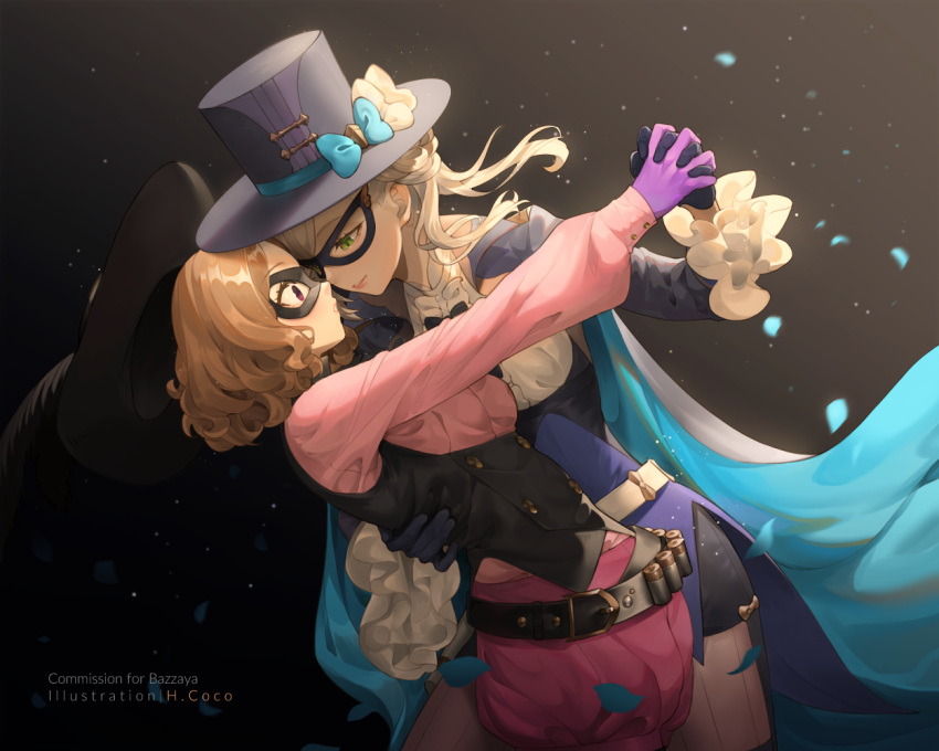2girls black_gloves black_headwear black_vest blue_bow bow brown_hair commentary commission crossover domino_mask dragalia_lost english_commentary eye_contact gloves green_eyes hat hat_bow hat_removed headwear_removed hentaki holding_hands interlocked_fingers lapis_(dragalia_lost) long_hair long_sleeves looking_at_another mask multiple_girls okumura_haru parted_lips persona persona_5 pink_shirt pink_shorts profile puffy_shorts shirt short_shorts shorts smile top_hat vest white_bow white_hair