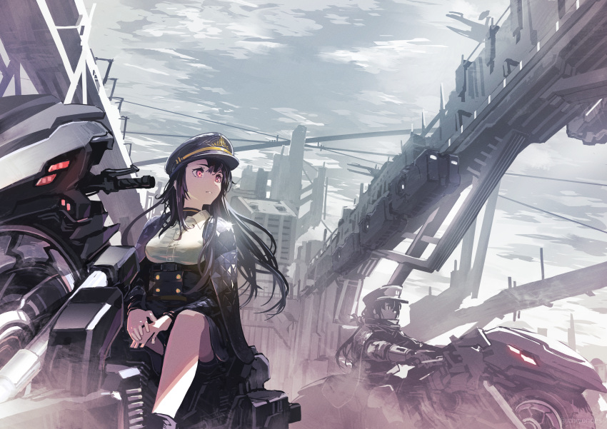 2girls absurdres artist_name bangs between_legs black_hair black_headwear black_jacket breasts buckle buttons closed_mouth clouds cloudy_sky collared_shirt commentary_request corset feet_out_of_frame glowing ground_vehicle hand_between_legs hat highres holding ichiyon jacket jacket_on_shoulders long_hair long_sleeves looking_away looking_to_the_side medium_breasts military_hat motor_vehicle motorcycle multiple_girls original outdoors outstretched_arms pink_eyes riding scenery science_fiction shade shirt sitting sky solo_focus white_shirt wide_shot