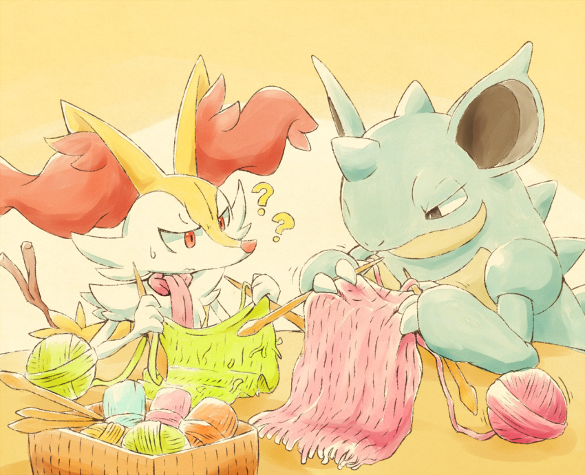 ? ?? box braixen bright_pupils brown_eyes closed_mouth commentary_request kinakomochi_(kazuna922) knitting looking_down nidoqueen pokemon pokemon_(creature) stick sweatdrop wavy_mouth white_pupils yarn yarn_ball