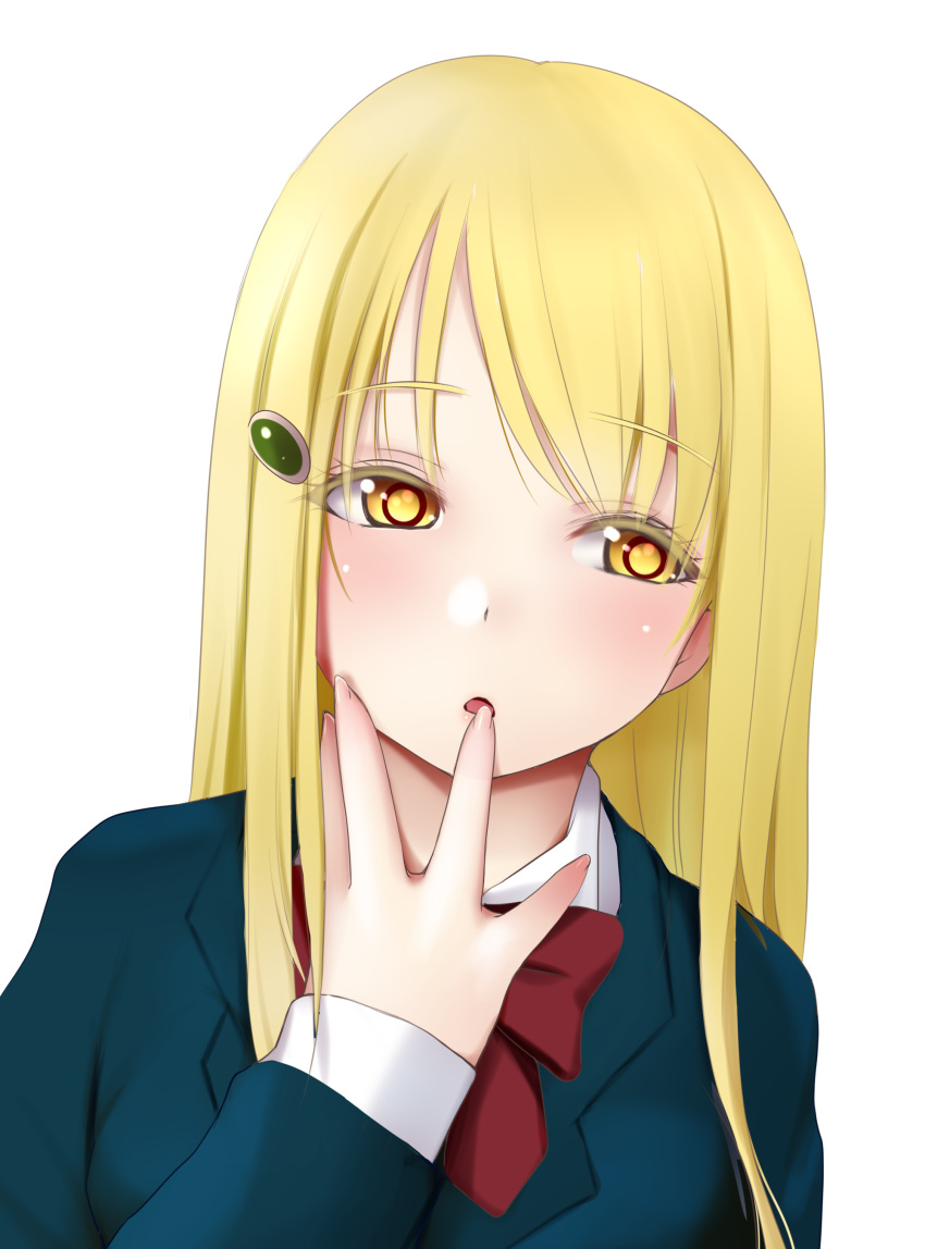 1girl :o absurdres blonde_hair blue_jacket blush bow bowtie finger_to_mouth hair_ornament hairclip head_tilt hidaka_koharu high_score_girl highres jacket kozue_akari long_hair long_sleeves looking_to_the_side parted_lips red_bow red_neckwear school_uniform simple_background solo transparent_background upper_body yellow_eyes