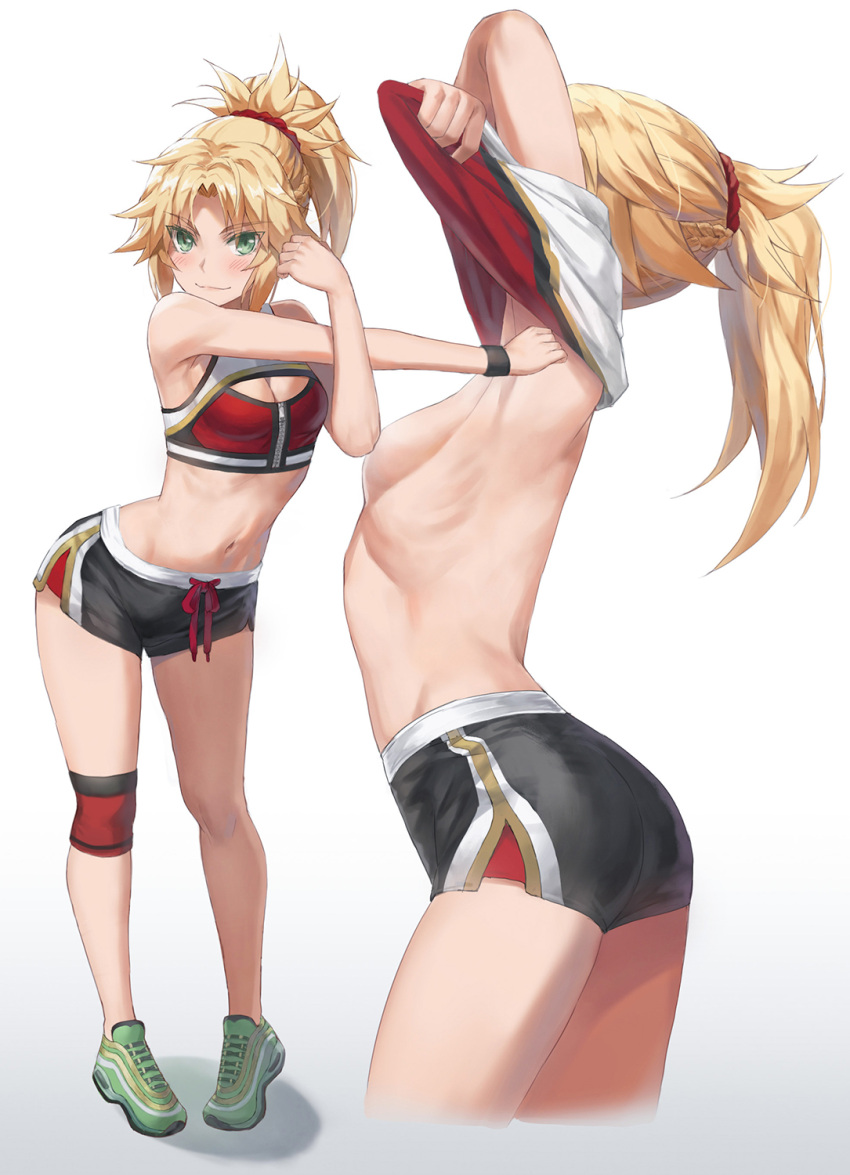 1girl armpits arms_up ass bangs black_shorts blonde_hair blush braid breasts clothes_lift convenient_censoring dolphin_shorts fate/apocrypha fate_(series) french_braid full_body green_eyes grey_sports_bra hair_ornament hair_scrunchie highres long_hair looking_at_viewer mordred_(fate) mordred_(fate/apocrypha) multiple_views navel parted_bangs ponytail red_scrunchie red_shirt revision scrunchie shirt short_shorts shorts sidelocks small_breasts smile sports_bra stretch toned tonee two-tone_shirt white_shirt