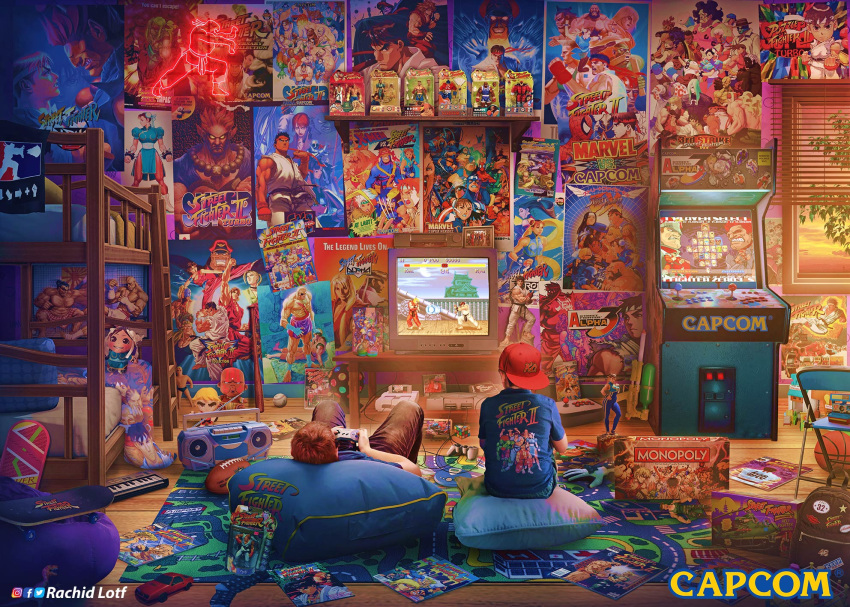 1990s_(style) 2boys arcade_cabinet arcade_stick back_to_the_future backwards_hat bean_bag_chair bed bedroom board_game book bunk_bed cameo capcom carpet character_doll controller crt english_commentary game_cartridge game_console game_controller hat highres hover_board joystick male_focus messy_room mixed_media monopoly multiple_boys neon_lights official_art playing_games playstation poster_(object) powerglove puzzle_fighter rachid_lotf retro_artstyle rubik's_cube ryu_(street_fighter) statuette street_fighter street_fighter_ex_(series) street_fighter_ii_(series) street_fighter_iii_(series) street_fighter_zero_(series) super_nintendo television x-men_vs._street_fighter