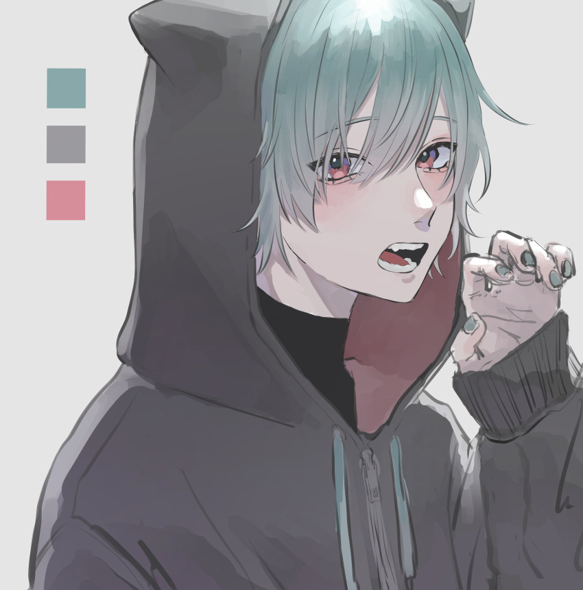 1boy animal_ears animal_hood aqua_hair arm_up bangs black_hoodie blush cat_ears cat_hood eyebrows_visible_through_hair eyelashes fangs gao hair_between_eyes hand_up highres hood hoodie long_sleeves male_focus nail_polish original pale_skin parted_lips red_eyes short_hair simple_background solo teeth turtleneck user_sxpy8278 wavy_hair