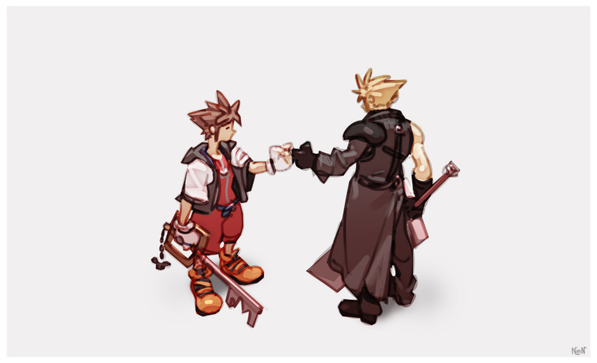 2boys armor blonde_hair brown_hair cloud_strife final_fantasy final_fantasy_vii final_fantasy_vii_advent_children fingerless_gloves fist_bump fusion_swords gloves highres hood jewelry keyblade kingdom_hearts kingdom_hearts_i male_focus multiple_boys necklace nin_nakajima short_hair simple_background sleeveless sora_(kingdom_hearts) spiky_hair super_smash_bros. sword weapon