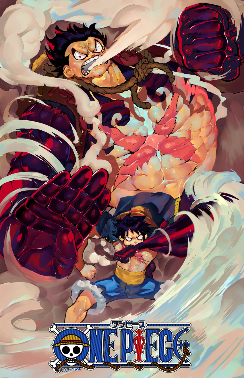 1boy abs absurdres black_hair burn_scar cargo_shorts colored_skin copyright_name gear_fourth hat highres kainonaut looking_at_viewer monkey_d._luffy multicolored multicolored_skin multiple_views muscular muscular_male one_piece open_clothes open_shirt pectorals red_skin rope scar scar_on_chest short_hair shorts standing steam stomach straw_hat v-shaped_eyebrows