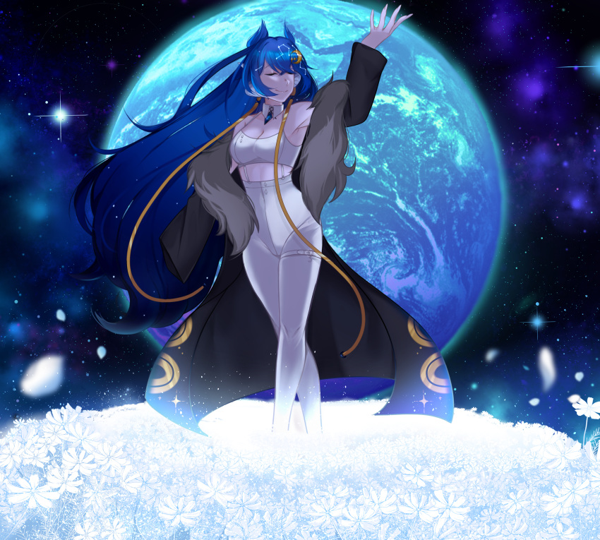 1girl absurdres blue_hair closed_eyes field floating_hair flower flower_field fur_trim galaxy glowing highres long_coat petals planet smile space spooky-dollie tank_top vienna_(vtuber)