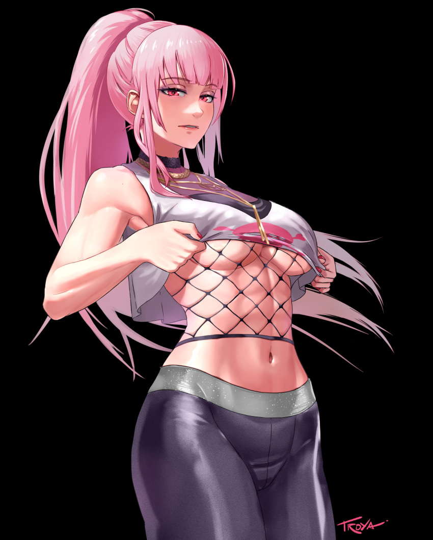 1girl abs bangs black_background black_pants blunt_bangs blush breasts clothes_lift cowboy_shot english_commentary fishnets highres hololive hololive_english looking_at_viewer midriff mori_calliope navel no_bra pants parted_lips pink_hair ponytail red_eyes shirt_lift signature solo toned troya_rerumu under_boob virtual_youtuber