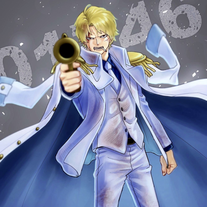 1boy alternate_costume blonde_hair cigarette coat coat_on_shoulders commentary_request dirty dirty_clothes donquixote_rocinante gun highres holding holding_gun holding_weapon male_focus necktie one_piece pants pointing pointing_at_viewer short_hair solo toyoura_(23066494) weapon white_pants