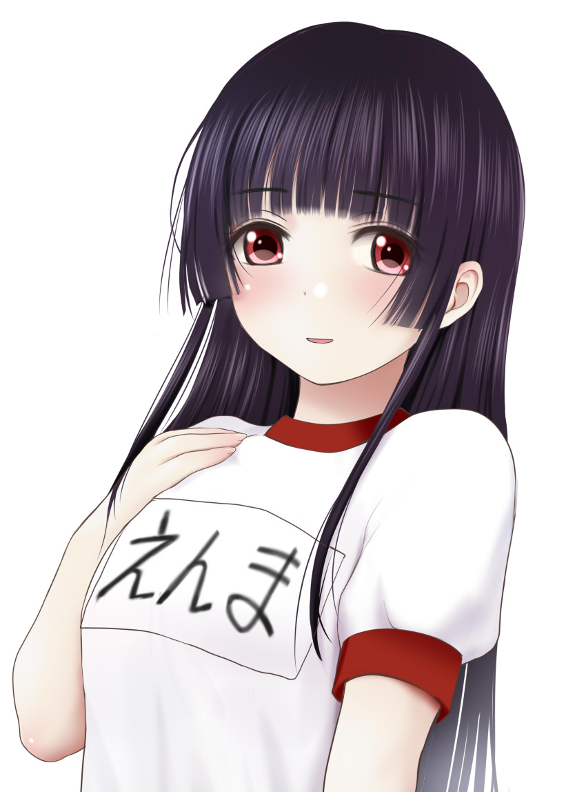 1girl :d absurdres bangs bead_bracelet beads black_hair bracelet breasts enma_ai eyebrows_visible_through_hair gym_shirt hand_up highres jewelry jigoku_shoujo kozue_akari long_hair name_tag open_mouth puffy_short_sleeves puffy_sleeves red_eyes redrawn shirt short_sleeves simple_background small_breasts smile solo translated upper_body white_background white_shirt
