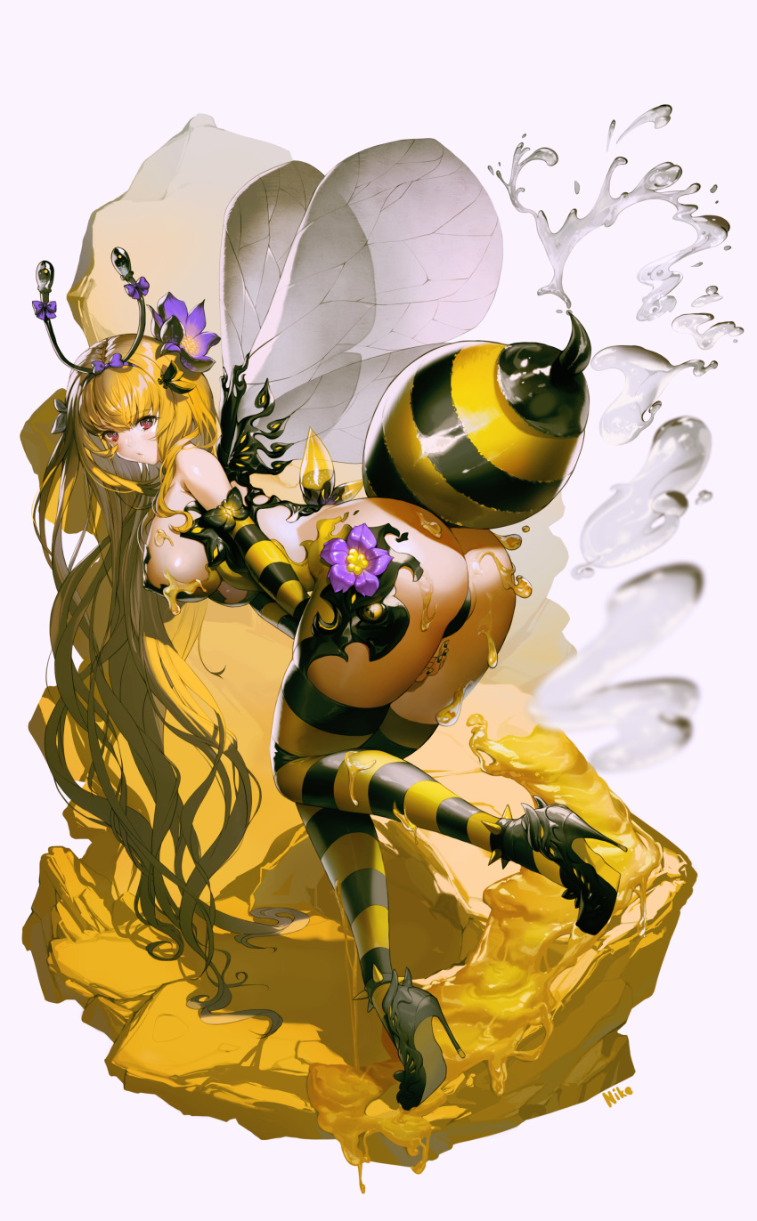1girl absurdres antennae arthropod_girl artist_name ass bee_girl blonde_hair bow breasts commentary_request flower from_behind full_body grey_background hair_bow hair_flower hair_ornament highres honey insect_wings large_breasts long_hair looking_at_viewer nike_(nike1060) original purple_bow red_eyes simple_background solo stinger striped striped_legwear thigh-highs very_long_hair wings yellow_legwear