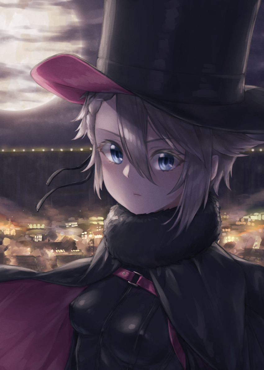 1girl absurdres ange_(princess_principal) banana_oekaki black_bodysuit black_cape black_headwear blue_eyes bodysuit breasts cape cityscape grey_hair hair_between_eyes hair_ribbon hat highres moon night outdoors princess_principal ribbon small_breasts solo top_hat two-tone_cape upper_body