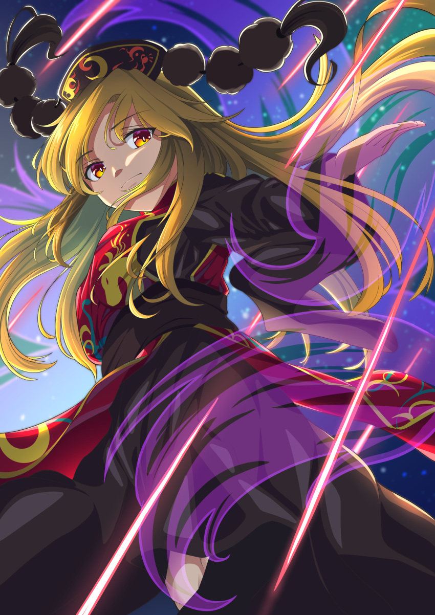 1girl :| amanoyayuki aura blonde_hair breasts bright_pupils brown_sash chinese_clothes closed_mouth commentary_request crescent_print danmaku energy eyebrows_visible_through_hair fox_print highres junko_(touhou) laser long_hair long_sleeves looking_at_viewer medium_breasts orange_eyes phoenix_crown solo tabard tassel touhou upper_body wide_sleeves
