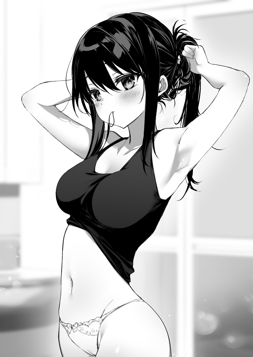 1girl absurdres armpits arms_behind_head arms_up bangs bare_arms blush breasts clothes_lift commentary_request cowboy_shot greyscale hair_between_eyes hair_tie_in_mouth highres indoors kurimochi_chizuru large_breasts long_hair looking_at_viewer monochrome mouth_hold navel original panties ponytail shirt shirt_lift sidelocks sleeveless sleeveless_shirt solo standing stomach tying_hair underwear