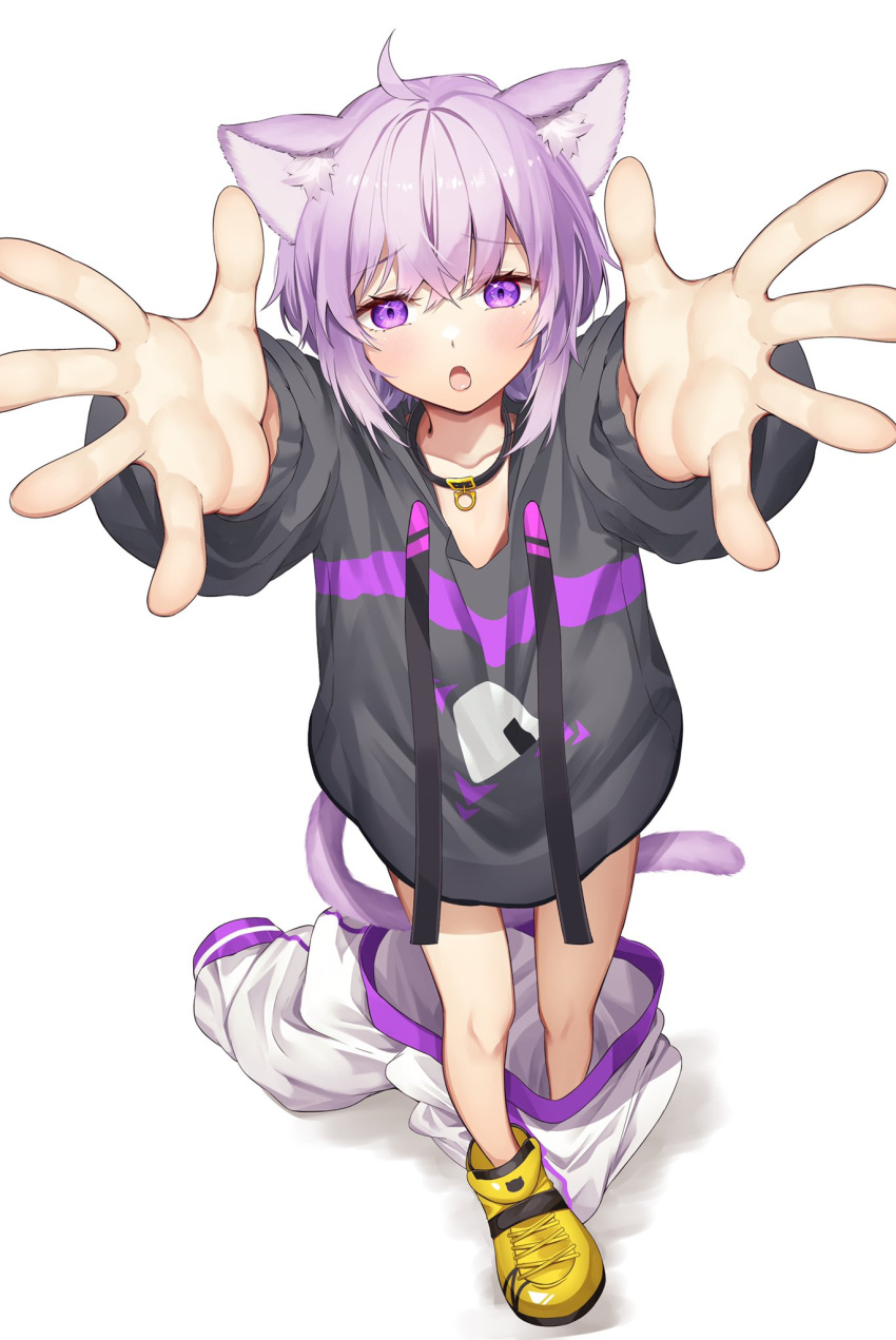 1girl ahoge animal_ears animal_print baggy_pants bangs black_collar black_hoodie blush cat_ears cat_girl cat_print cat_tail collar collarbone crossed_bangs fang highres hololive hood hoodie long_sleeves looking_at_viewer nekomata_okayu onigiri_print open_mouth outstretched_arms oversized_clothes pants purple_hair shoes short_hair simple_background sneakers solo standing sweatpants tail violet_eyes virtual_youtuber white_background white_pants yellow_footwear younger yuya_(pixiv37335712)
