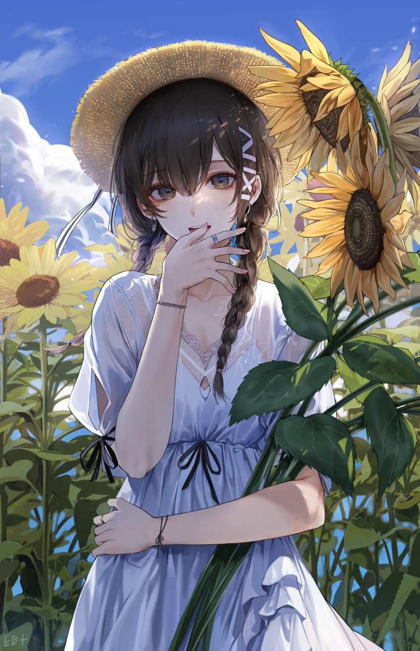 1girl :d absurdres artist_name bangs black_ribbon blue_sky braid brown_hair clouds cloudy_sky collarbone commentary cowboy_shot day dress earrings english_commentary eyebrows_visible_through_hair eyelashes field fingernails flower flower_field green_eyes hair_between_eyes hair_ornament hairclip hand_up hat highres holding holding_flower jewelry kim_eb lace-trimmed_dress lace_trim long_fingernails long_hair looking_at_viewer nail_polish object_hug open_mouth original outdoors pink_nails ribbon ring see-through see-through_sleeves short_sleeves signature sky sleeve_ribbon smile solo straw_hat summer sun_hat sundress sunflower swept_bangs teeth tsurime twin_braids white_dress wind wristband x_hair_ornament yellow_flower