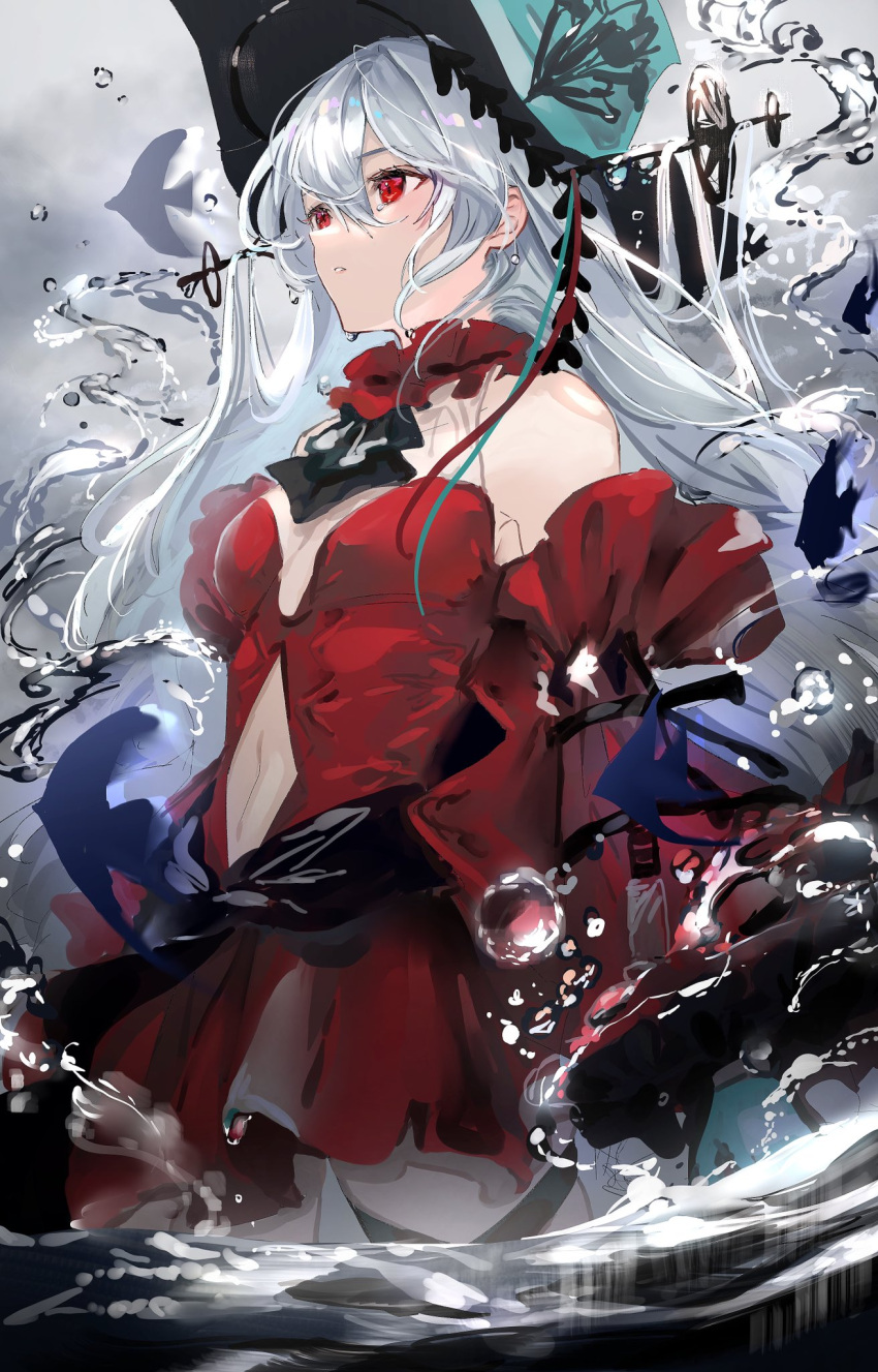 1girl aqua_headwear arknights bangs bare_shoulders black_ribbon commentary cowboy_shot detached_sleeves dress eyebrows_visible_through_hair highres infection_monitor_(arknights) leg_ribbon long_hair long_sleeves looking_ahead nanaponi official_alternate_costume parted_lips red_dress red_eyes ribbon silver_hair skadi_(arknights) skadi_the_corrupting_heart_(arknights) solo very_long_hair wide_sleeves