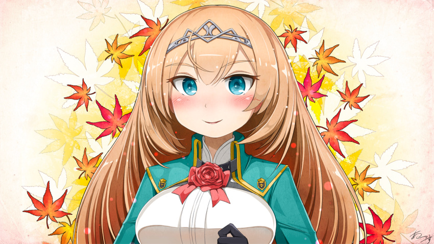 1girl autumn_leaves black_gloves blonde_hair blue_eyes breasts earth_ekami flower gloves green_jacket jacket kantai_collection large_breasts long_hair red_flower red_rose rose solo upper_body victorious_(kancolle)