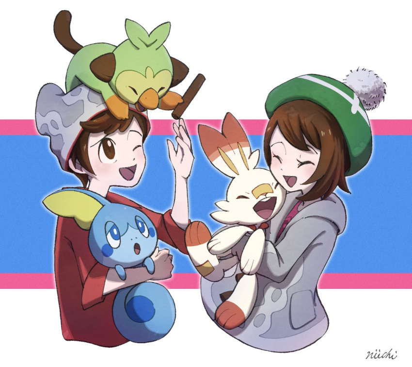 1boy 1girl ;d beanie bob_cut brown_eyes brown_hair cable_knit cardigan closed_eyes commentary_request eyelashes gloria_(pokemon) green_headwear grey_cardigan grey_headwear grookey happy hat holding holding_pokemon hooded_cardigan looking_up niiichi_21pk on_head one_eye_closed open_mouth pokemon pokemon_(creature) pokemon_(game) pokemon_on_head pokemon_swsh red_shirt scorbunny shirt short_hair signature sleeves_rolled_up smile sobble starter_pokemon_trio tam_o'_shanter tongue victor_(pokemon)