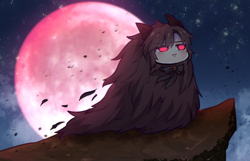 1girl :3 absurdly_long_hair animal_ears bangs black_neckwear blush brooch brown_fur cliff commentary_request fluffy glowing glowing_eyes highres imaizumi_kagerou jewelry long_hair looking_to_the_side moon night one-hour_drawing_challenge red_eyes red_moon ruby_(gemstone) sidelocks sky solid_oval_eyes solo standing star_(sky) starry_sky touhou unime_seaflower very_long_hair werewolf wolf_ears