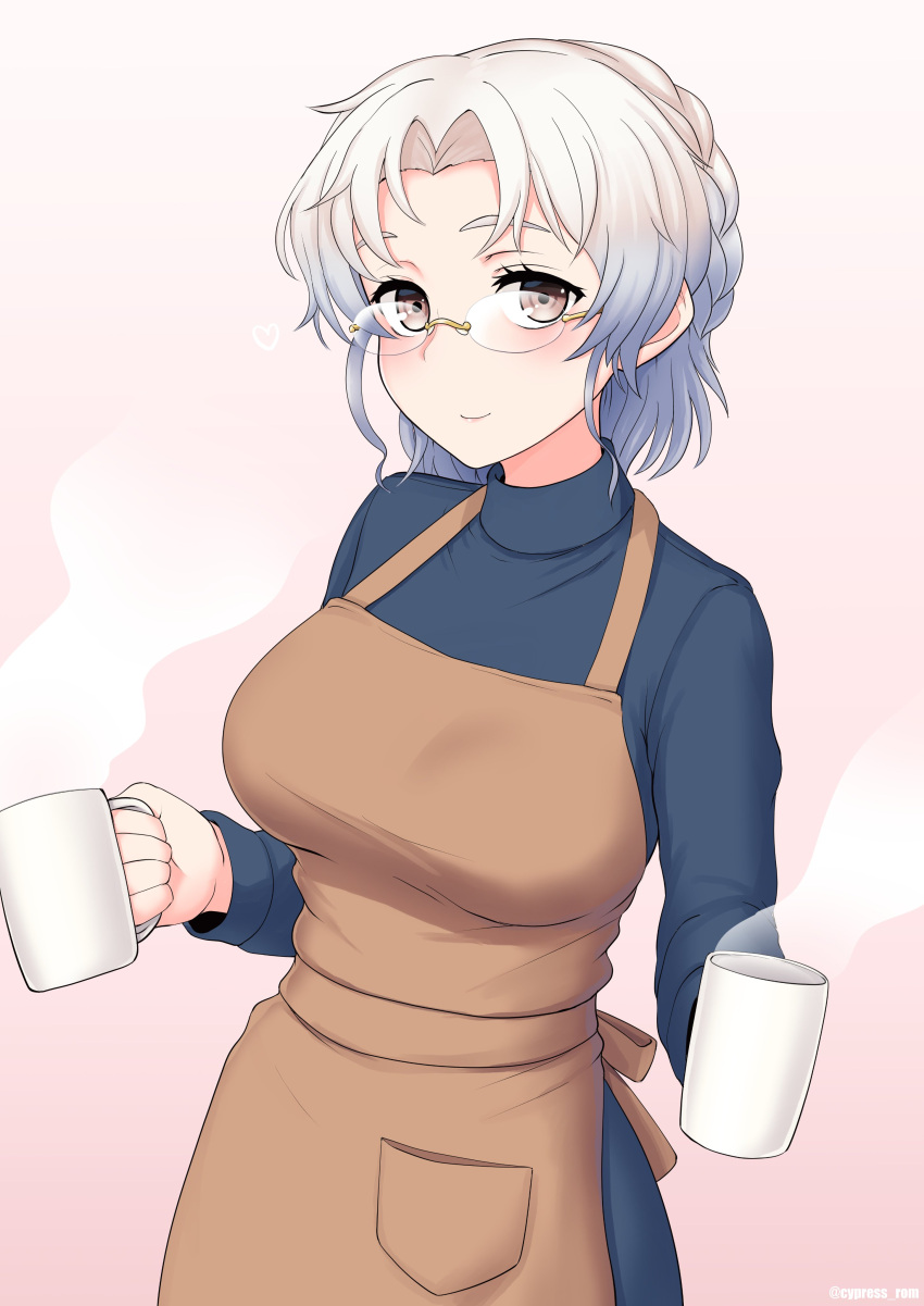 1girl absurdres alternate_costume apron bangs blue_sweater blush breasts brown_apron cup cypress glasses gradient gradient_background highres hirato_(kancolle) holding holding_cup kantai_collection large_breasts long_sleeves looking_at_viewer mug older pink_background pocket short_hair silver_hair simple_background smile solo steam sweater twitter_username