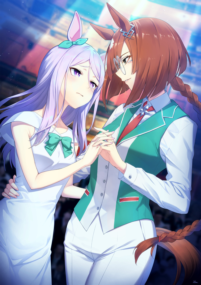 2girls absurdres alternate_costume bow bowtie braid brown_hair churayuki dress ear_bow ear_ornament eyebrows_visible_through_hair glasses green_bow green_neckwear grey_eyes highres horse_girl horse_tail ikuno_dictus_(umamusume) light_particles long_hair long_sleeves mejiro_mcqueen_(umamusume) multiple_girls necktie pants purple_hair round_eyewear shiny shiny_hair tail thick_eyebrows umamusume vest violet_eyes white_dress yuri