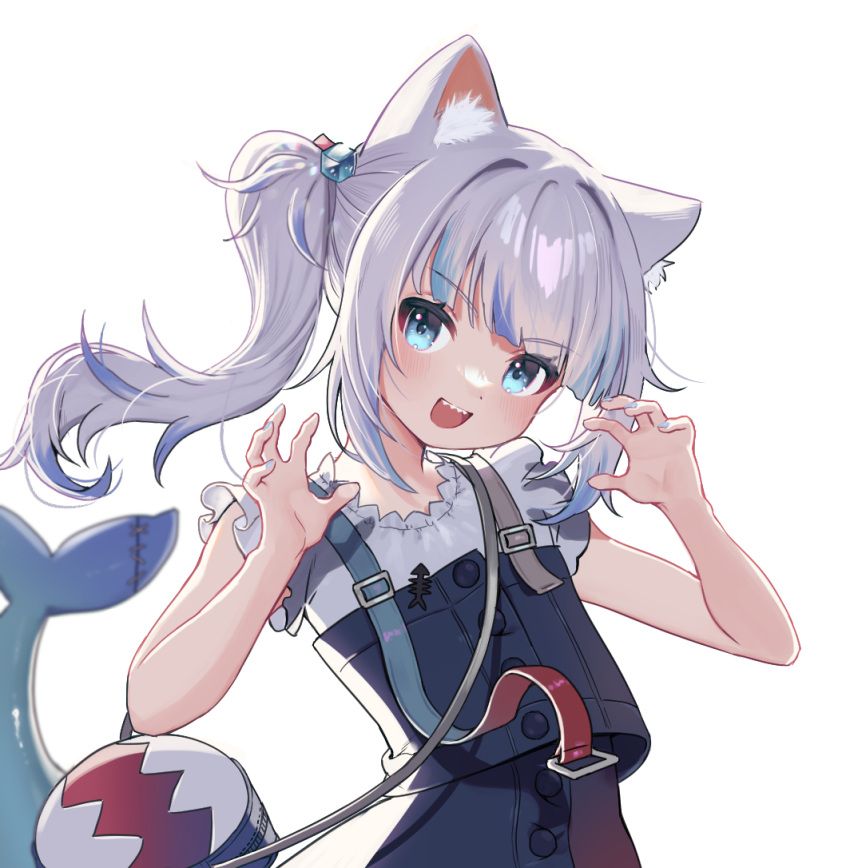 1girl :d animal_ear_fluff animal_ears bangs black_dress blue_eyes blue_hair blue_nails blush cat_ears claw_pose commentary dress eyebrows_visible_through_hair gawr_gura hair_cubes hair_ornament hands_up hololive hololive_english long_hair looking_at_viewer multicolored_hair nail_polish romaji_commentary seoki_(hi3031) shark_tail sharp_teeth shirt side_ponytail simple_background sleeveless sleeveless_dress smile solo streaked_hair tail teeth upper_body v-shaped_eyebrows virtual_youtuber white_background white_shirt
