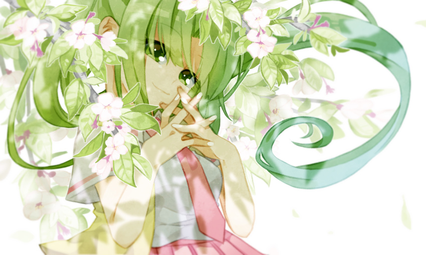 1girl branch breasts closed_mouth commentary_request eyebrows_visible_through_hair eyes_visible_through_hair floating_hair flower flower_request green_eyes green_hair hands_up highres higurashi_no_naku_koro_ni interlocked_fingers long_hair looking_at_viewer medium_breasts momotarekawa open_clothes open_vest pink_skirt pleated_skirt red_necktie short_sleeves skirt smile solo sonozaki_mion upper_body very_long_hair vest white_background yellow_vest