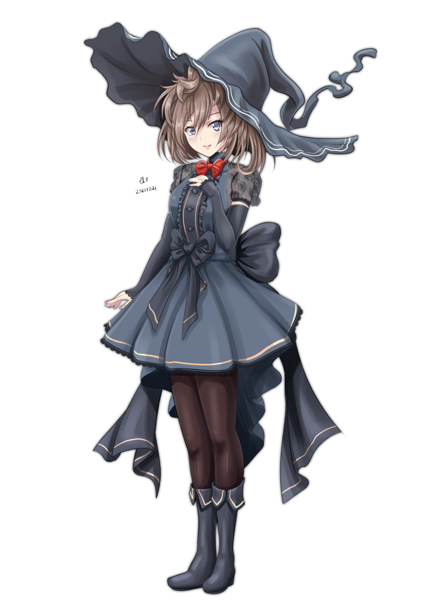 1girl alternate_costume black_dress black_footwear black_headwear black_legwear black_sleeves blue_eyes boots breasts brown_hair detached_sleeves dress full_body hat highres kantai_collection long_hair medium_breasts messy_hair pantyhose sheffield_(kancolle) short_dress smile solo standing tk8d32 witch witch_hat