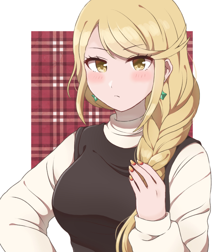 1girl alternate_costume alternate_hairstyle bangs blonde_hair blush braid closed_mouth earrings hair_over_shoulder highres hotatechoco_(hotariin) jewelry long_hair mythra_(xenoblade) solo swept_bangs very_long_hair xenoblade_chronicles_(series) xenoblade_chronicles_2 yellow_eyes