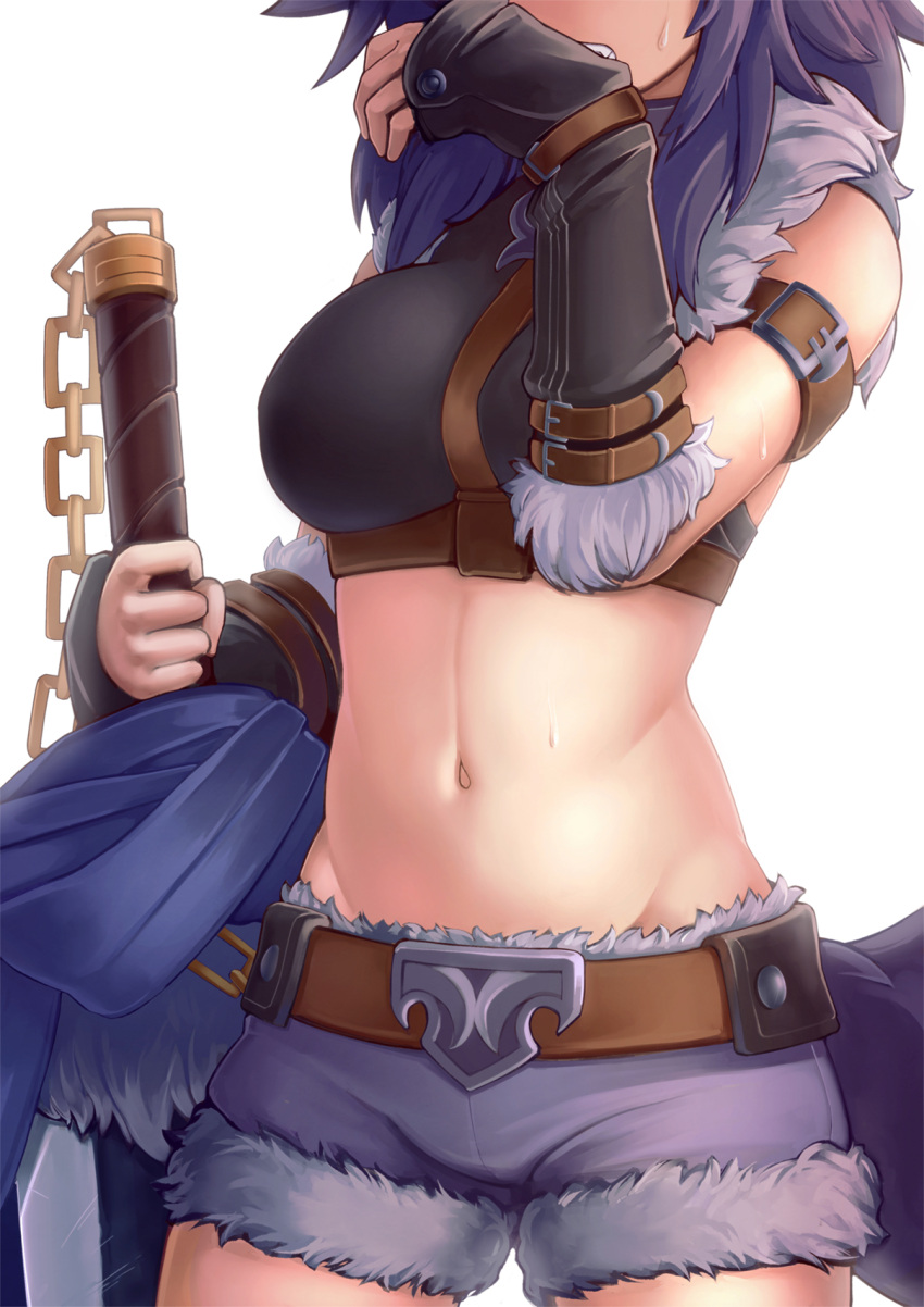 1girl armband belt breasts commentary crop_top english_commentary groin head_out_of_frame highres jacy large_breasts makoto_(princess_connect!) midriff navel princess_connect! purple_hair purple_shorts short_shorts shorts solo sweatdrop tail upper_body wolf_girl wolf_tail