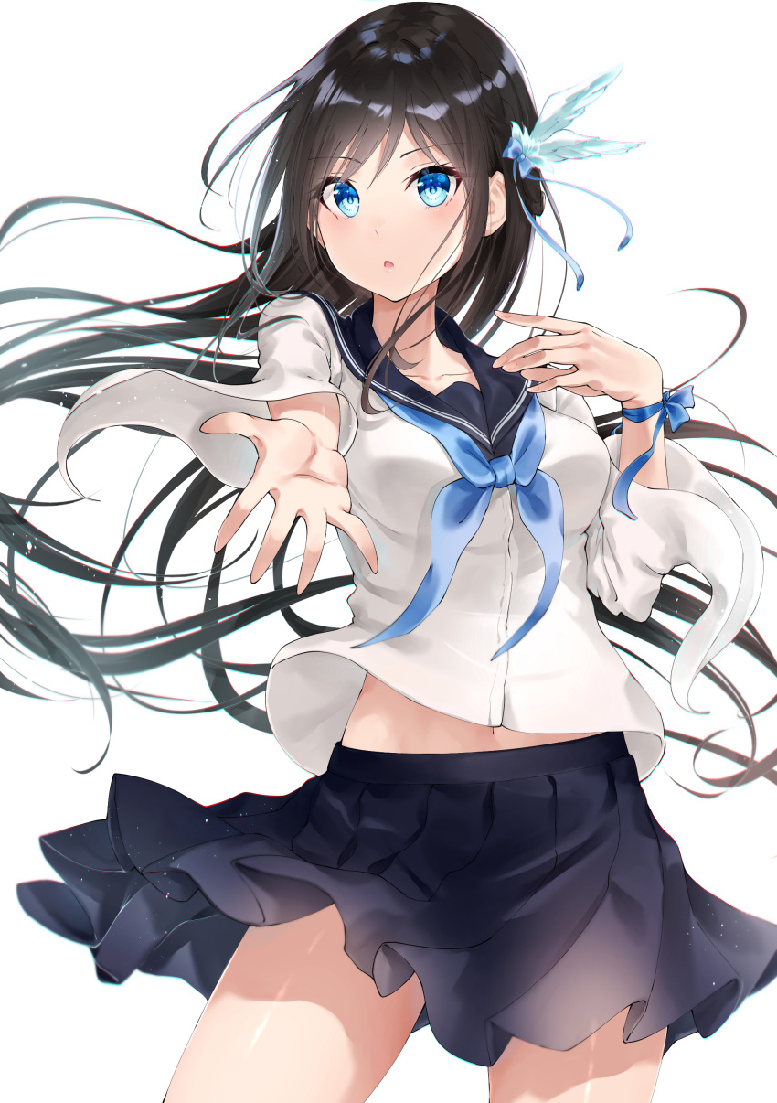 1girl :o absurdres bangs black_hair blue_eyes blue_ribbon blue_skirt blush breasts cowboy_shot eyebrows_visible_through_hair eyes_visible_through_hair female hand_up highres long_hair looking_at_viewer looking_to_the_side medium_breasts meen_(ouaughikepdvrsf) original outstretched_arm outstretched_hand pleated_skirt ribbon sailor_collar school_uniform serafuku simple_background skirt solo standing white_background wrist_ribbon