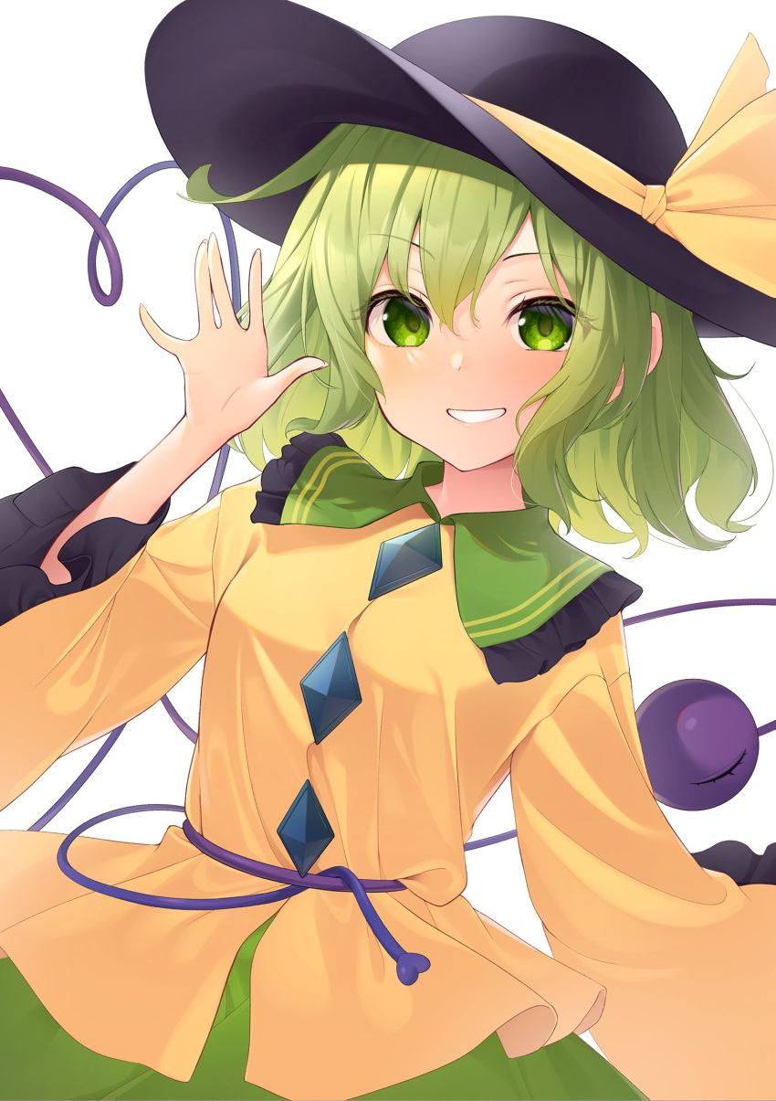 1girl :d \||/ arm_up bangs black_headwear blush commentary_request diamond_button fingernails frilled_shirt_collar frilled_sleeves frills green_eyes green_hair green_skirt grin hat hat_ribbon heart heart_of_string highres kanpa_(campagne_9) komeiji_koishi long_sleeves looking_at_viewer ribbon shirt short_hair simple_background skirt smile solo standing string third_eye touhou upper_body white_background wide_sleeves yellow_ribbon yellow_shirt