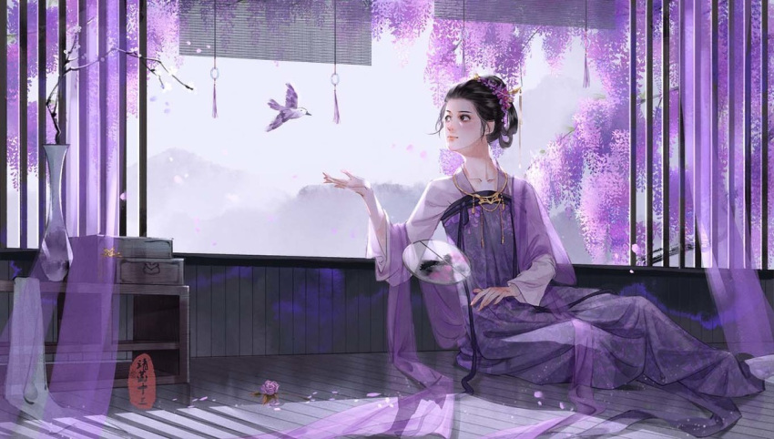 1girl bird black_eyes black_hair china_dress chinese_clothes dress flower hand_fan hanfu holding holding_fan long_sleeves original purple_flower shawl shisan_zhen_de_qi_bu_lai_ming short_hair sitting solo tassel vase wisteria