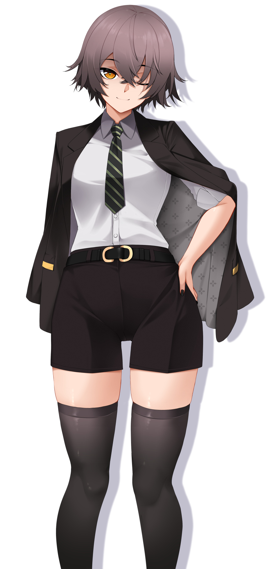 1girl absurdres black_jacket black_legwear black_nails black_shorts closed_mouth collared_shirt eyebrows_visible_through_hair feet_out_of_frame girls'_frontline_2:_exilium girls_frontline grey_hair hair_between_eyes highres jacket jacket_on_shoulders looking_at_viewer necktie shirt shirt_tucked_in short_hair short_sleeves shorts simple_background smile solo thigh-highs ump45_(girls'_frontline) white_background white_shirt yellow_eyes z.taiga