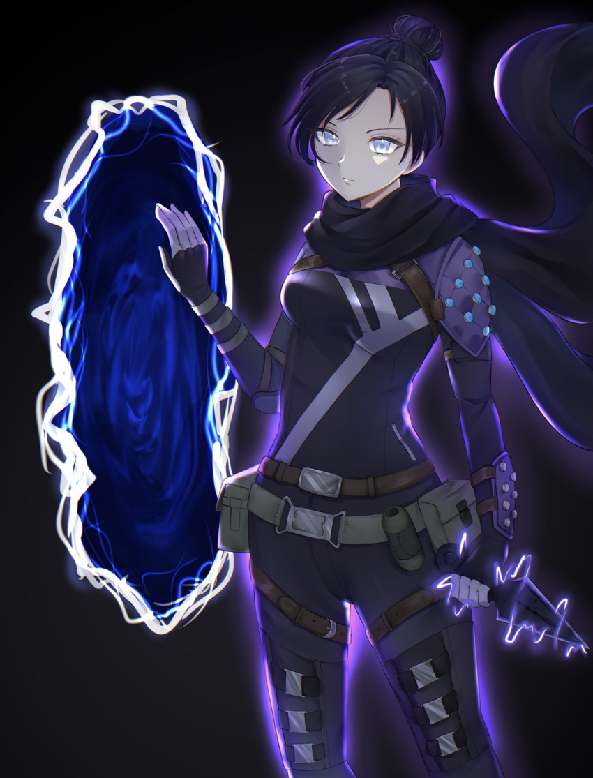 1girl apex_legends bangs belt black_background black_bodysuit black_hair black_scarf blue_eyes bodysuit breasts brown_belt electricity floating_scarf hair_bun highres holding holding_knife kamaboko_(kamaboko_0211) knife looking_at_viewer medium_breasts open_hand parted_bangs portrait_(object) scarf solo thigh_strap wraith's_kunai wraith_(apex_legends)