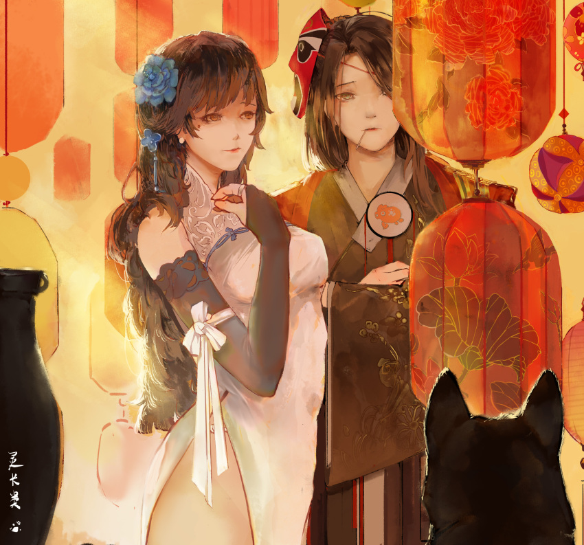 2girls absurdres alternate_costume baboon_(artist) blue_flower breasts bridal_gauntlets brown_eyes brown_hair character_request check_character china_dress chinese_clothes dog dress elbow_gloves festival floral_print flower girls_frontline gloves grey_eyes hair_flower hair_ornament hand_on_own_chest hanging_lantern highres japanese_clothes kimono knot lace_collar lantern lee-enfield_(girls'_frontline) lips lipstick long_hair makeup matchstick medium_breasts mole mole_under_eye multiple_girls official_alternate_costume paper_lantern strong thighs translation_request type_95_(girls'_frontline) vase very_long_hair white_dress