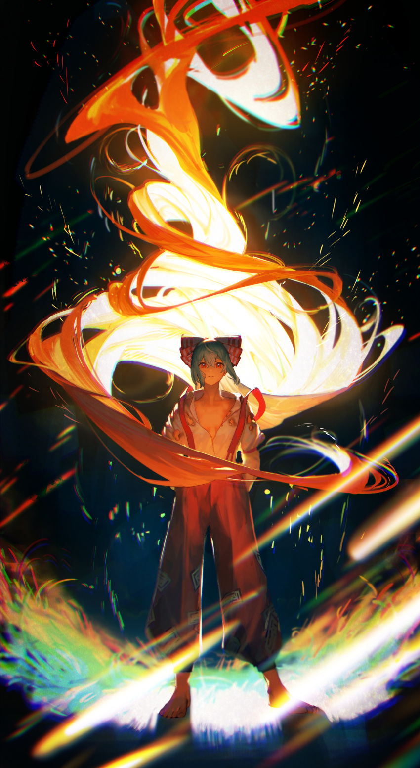 1girl :| absurdres bangs barefoot black_background breasts closed_mouth collarbone commentary_request expressionless fire floating_hair fujiwara_no_mokou full_body hands_in_pockets highres long_hair long_sleeves looking_at_viewer motsuba ofuda ofuda_on_clothes pants puffy_pants pyrokinesis red_eyes red_pants shirt silver_hair simple_background small_breasts solo standing suspenders torn_clothes torn_shirt touhou very_long_hair white_shirt