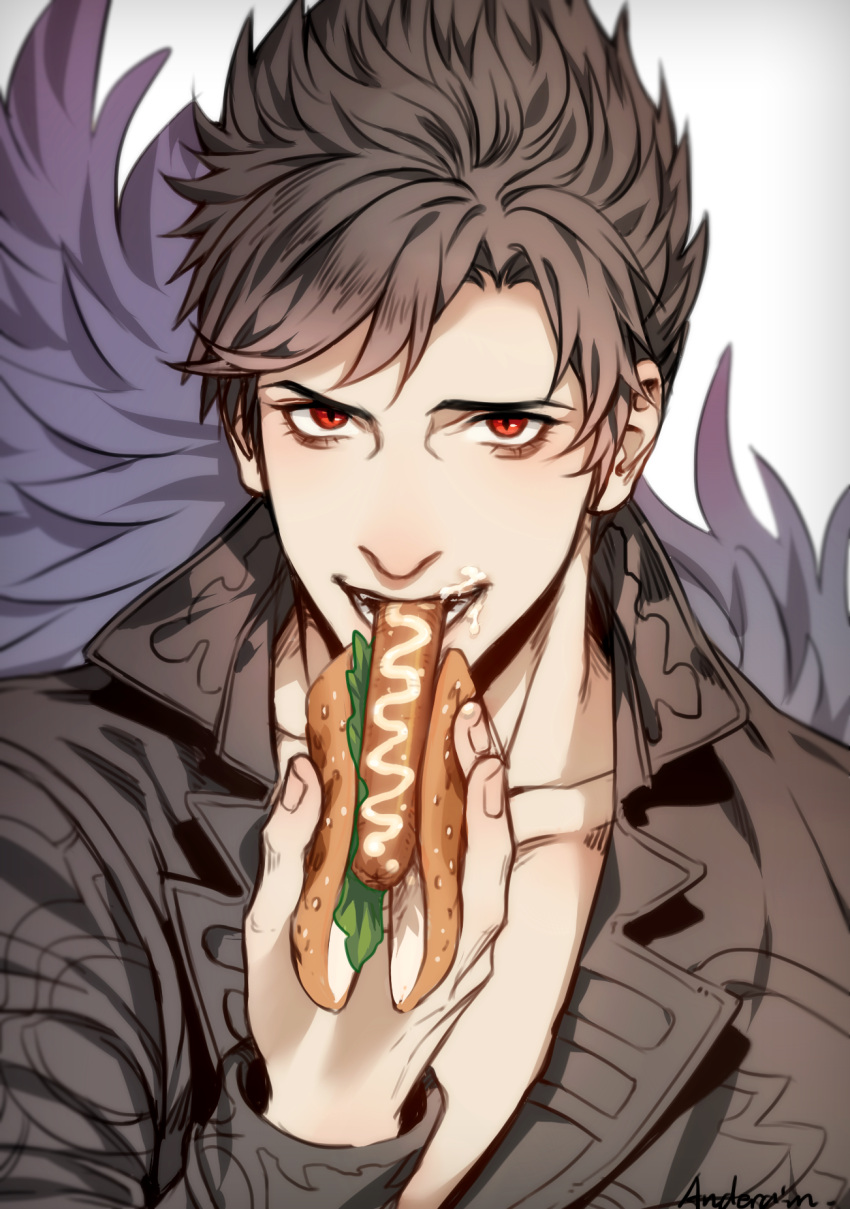 1boy anderain belial_(granblue_fantasy) black_hair black_jacket eating feather_boa food granblue_fantasy highres hot_dog jacket looking_at_viewer male_focus pectoral_cleavage pectorals sausage sexually_suggestive short_hair smile solo spiky_hair toned toned_male