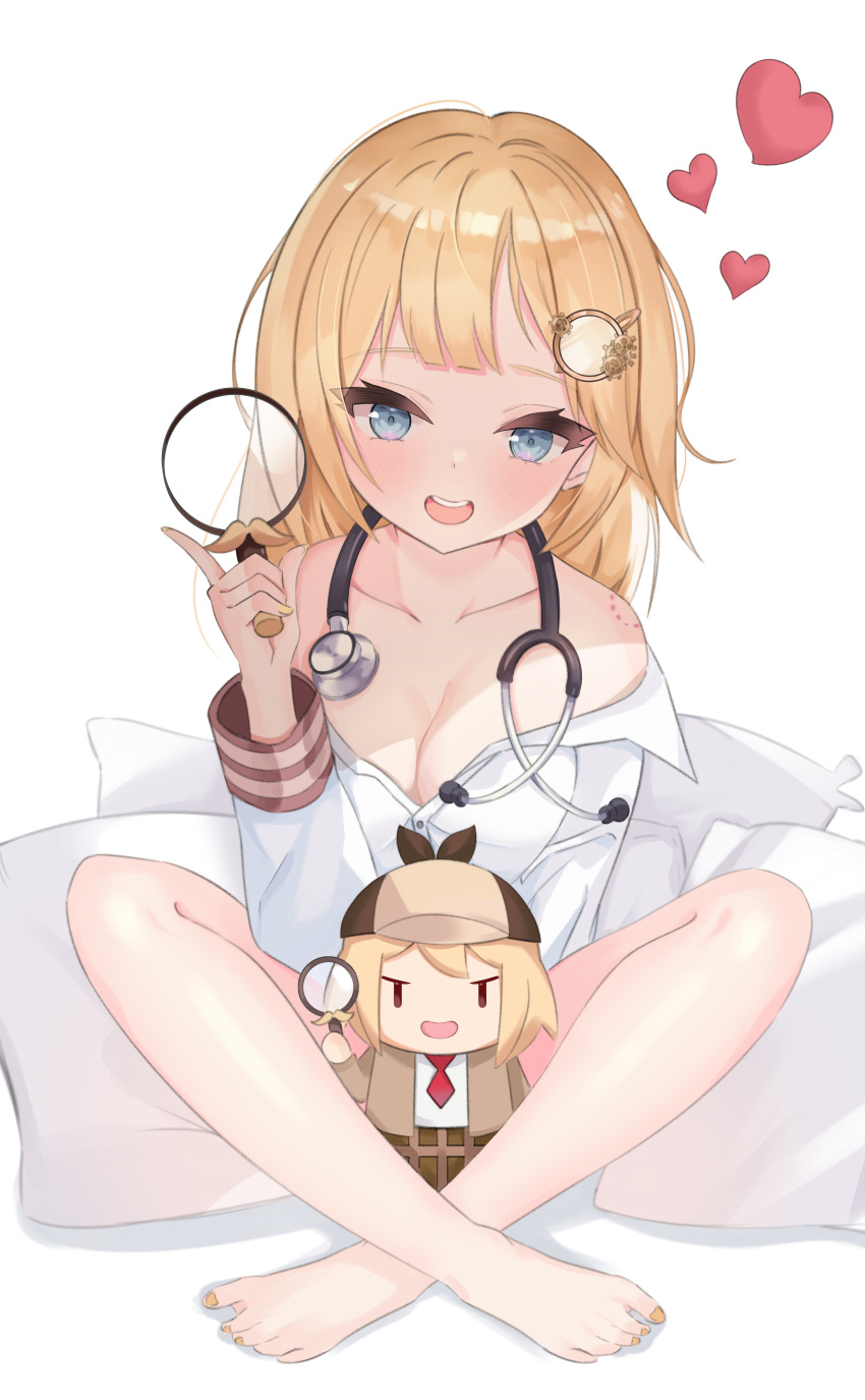 1girl :d absurdres bangs bite_mark blonde_hair blue_eyes detective full_body hair_ornament heart highres hololive hololive_english indian_style long_sleeves looking_at_viewer magnifying_glass monocle_hair_ornament nail_polish open_mouth pillow shirt short_hair simple_background sitting smile smol_ame solo stethoscope toenail_polish toenails virtual_youtuber watson_amelia white_background white_shirt xxdentera yellow_nails