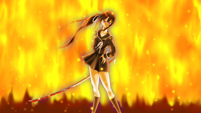 badass black_hair fiery_background fire ga-rei ga-rei_zero isayama_yomi katana long_hair sword