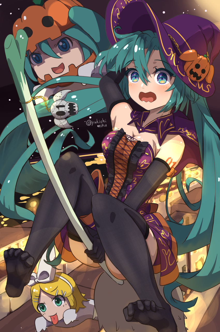1girl alternate_costume aqua_eyes aqua_hair black_legwear cape commentary elbow_gloves ghost gloves halloween hat hatsune_miku highres jack-o'-lantern jack-o'-lantern_hat_ornament kagamine_rin long_hair moon night no_shoes open_mouth outdoors skirt sleeveless solo spring_onion thigh-highs tongue tongue_out twintails very_long_hair vocaloid witch_hat yukichi_(yu-ame)