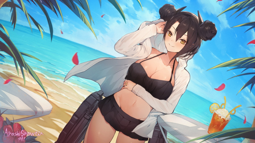 1girl agent_(girls'_frontline) beach bikini black_hair blush breasts cocktail collarbone commission double_bun girls_frontline groin highres jewelry large_breasts medium_hair miniskirt navel ocean ring sangvis_ferri second-party_source skirt smile solo swimsuit takeno_(hashi_falcon) wedding_band yellow_eyes