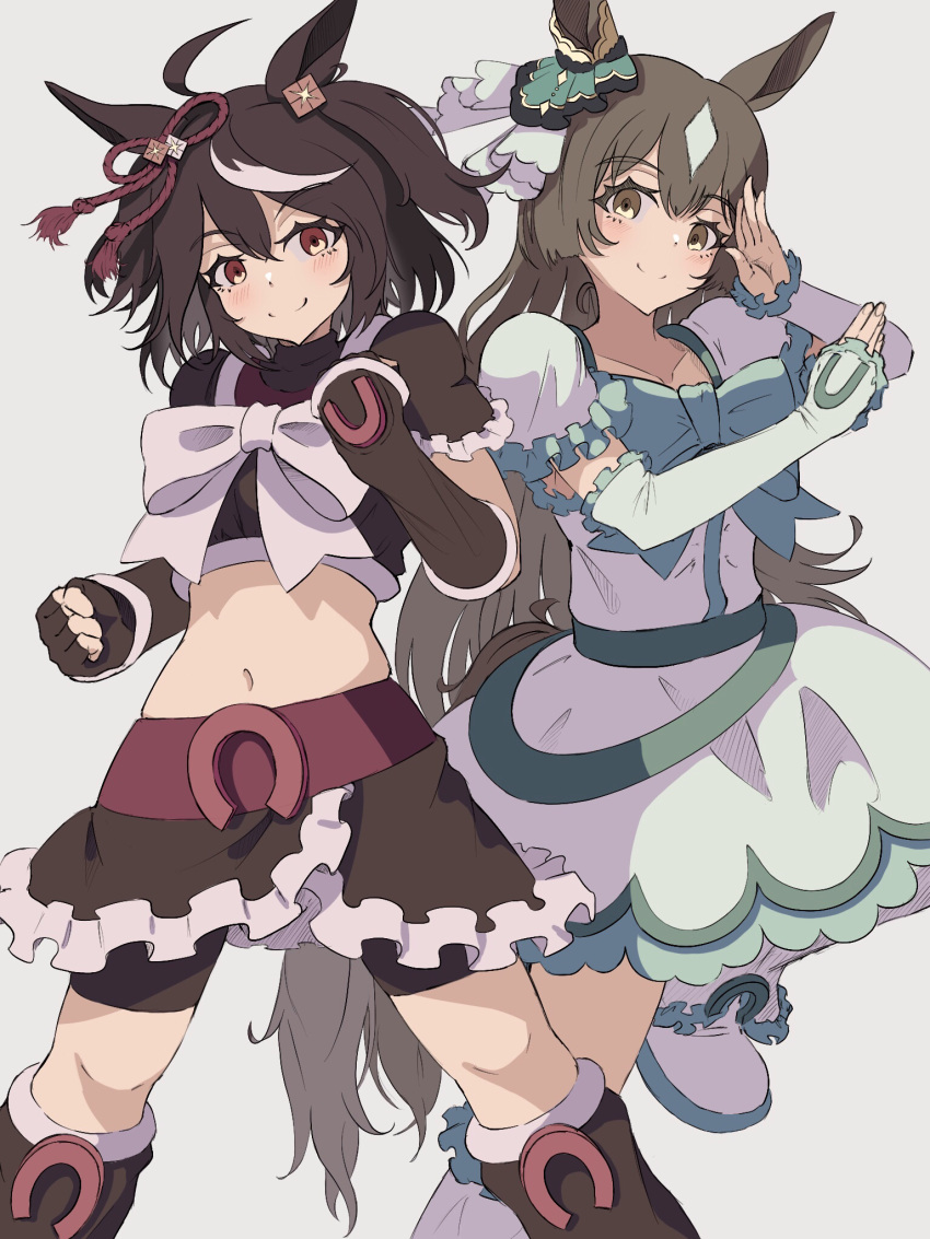 2girls ahoge animal_ears bangs bike_shorts black_hair boots brown_hair clenched_hands cosplay crop_top cure_black cure_black_(cosplay) cure_white cure_white_(cosplay) detached_sleeves dress english_commentary fingerless_gloves frilled_sleeves frills futari_wa_precure gloves green_dress grey_background hair_ornament hands_up highres horse_ears horse_girl horse_tail horseshoe kitasan_black_(umamusume) long_hair looking_at_viewer multiple_girls navel nsb36046_(na) precure satono_diamond_(umamusume) short_hair short_sleeves shorts shorts_under_skirt simple_background skirt smile split_mouth tail umamusume